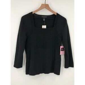 Cable & Gauge Nylon Top Women Medium Black Ribbed Square Neck 3/4 Sleeve Stretch